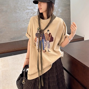 印花T恤 上衣配钩花绿色披肩两件套短袖 潮 欧货大版 欧洲站2025秋季