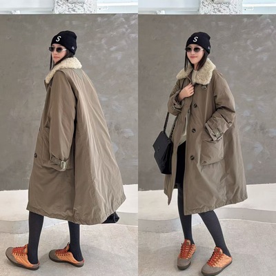 欧洲站2025冬季毛毛翻领扣袢设计落肩中长款大口袋甜酷风衣羽绒服