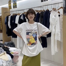 欧洲站2025夏季新款圆领创意感彩色南瓜图案宽松版短袖T恤上衣潮