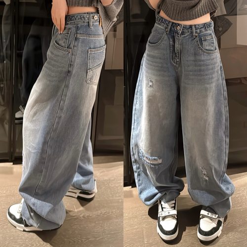 欧洲站2025冬季高腰侧扣阔腿水洗浅蓝色做旧磨破牛仔裤磨毛长裤女