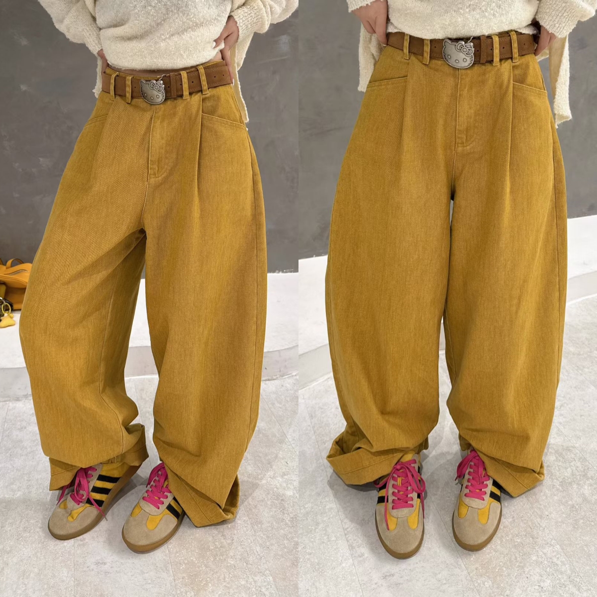 欧洲站2025秋季新款高腰复古咖色腰带口袋褶皱阔腿休闲裤慵懒长裤