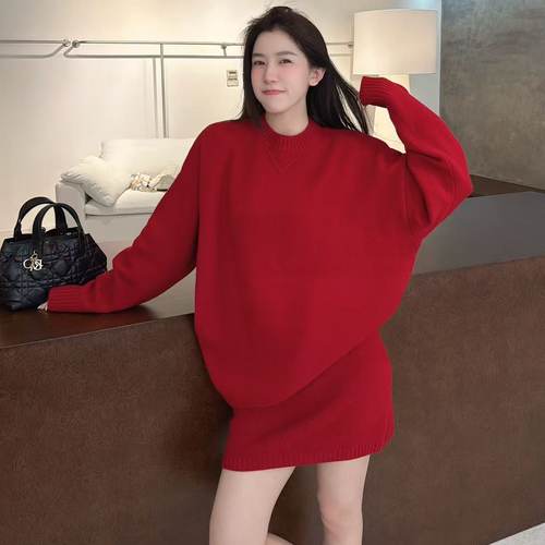 欧洲站2025秋冬新款欧货圆领氛围感净版羊毛套装A字短裙两件套潮