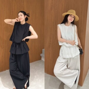 欧洲站2025夏季欧货松弛感屁帘拼接阔腿休闲裤无袖背心时髦套装潮