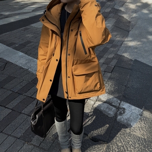 欧洲站2025冬季 大口袋休闲派克服鹅绒冲锋衣潮 连帽拉链按扣中长款