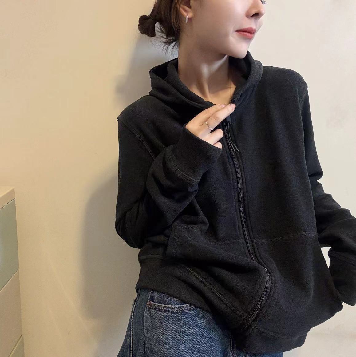 欧洲站25秋季时髦精显瘦正肩型飘带拉链连帽设计净版休闲卫衣开衫