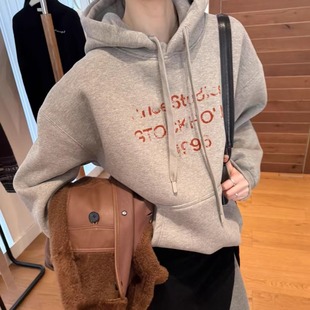 欧洲站2025冬季加厚加绒做旧潮流字母印花宽松慵懒燕麦咖连帽卫衣