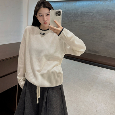欧洲站2025冬季圆领拼色小字母定标百搭套头羊毛针织衫韩系毛衣女
