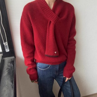 羊毛针织衫 气质V领飘带爱心扣设计净版 毛衣女 韩版 欧洲站2025冬季