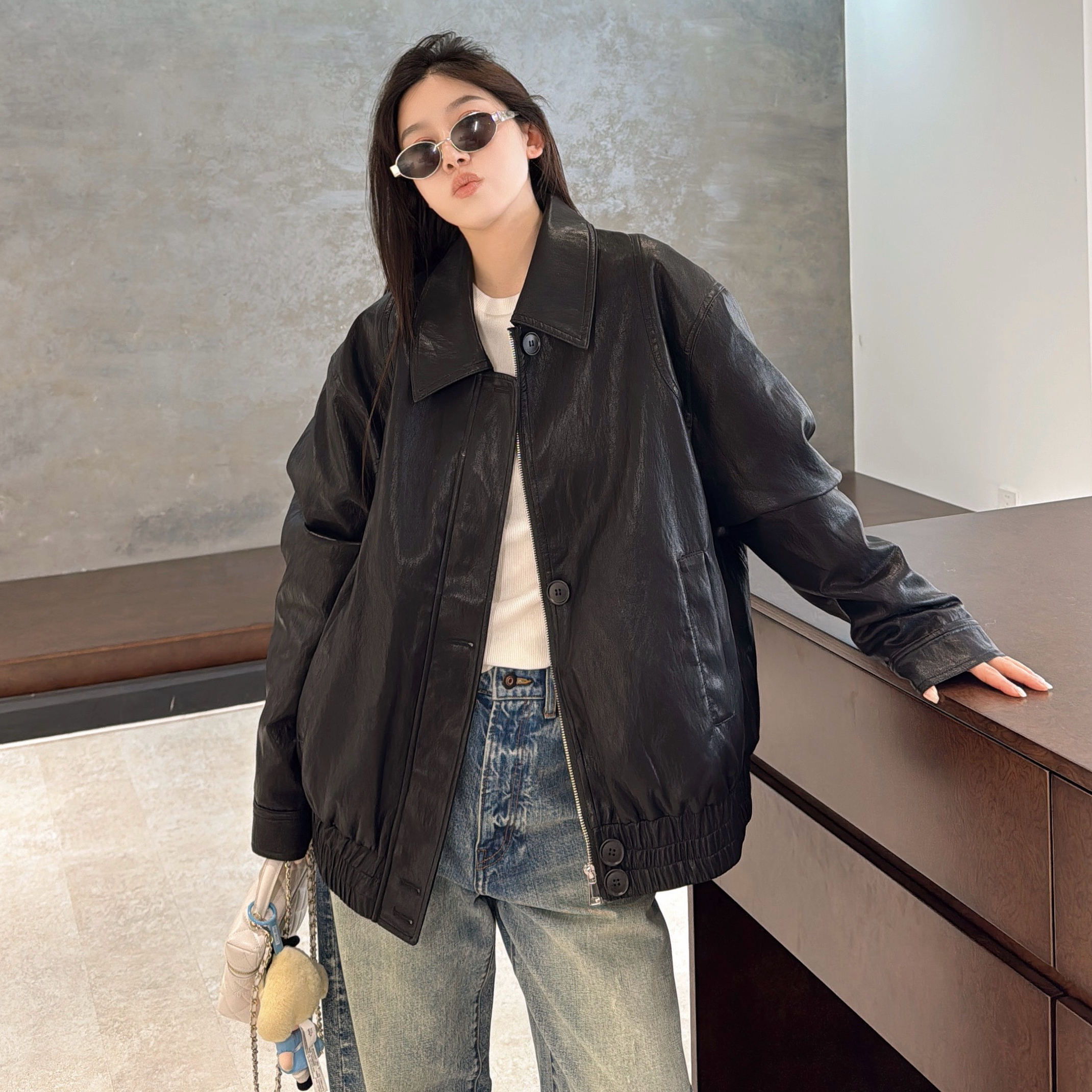 欧洲站2025冬季欧货POLO领拉链纽扣设计A版水洗蛋白皮皮衣羽绒服