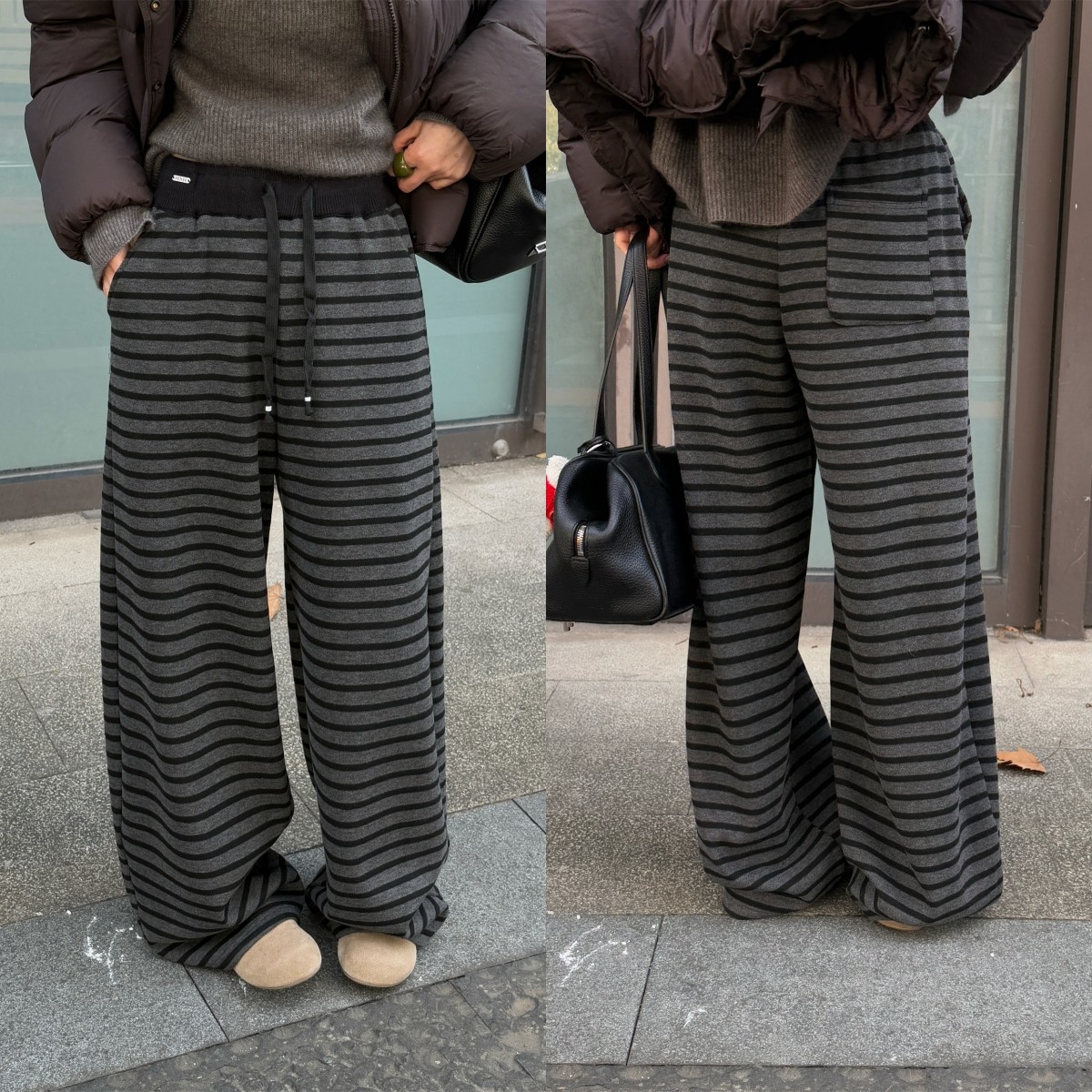 欧洲站2025冬季新款松紧腰字母定标抽绳直筒垂感休闲裤加绒条纹裤