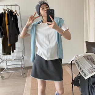 韩版 圆领短袖 欧洲站2025秋季 时尚 套头T恤潮 正肩型净版 棉质打底衫