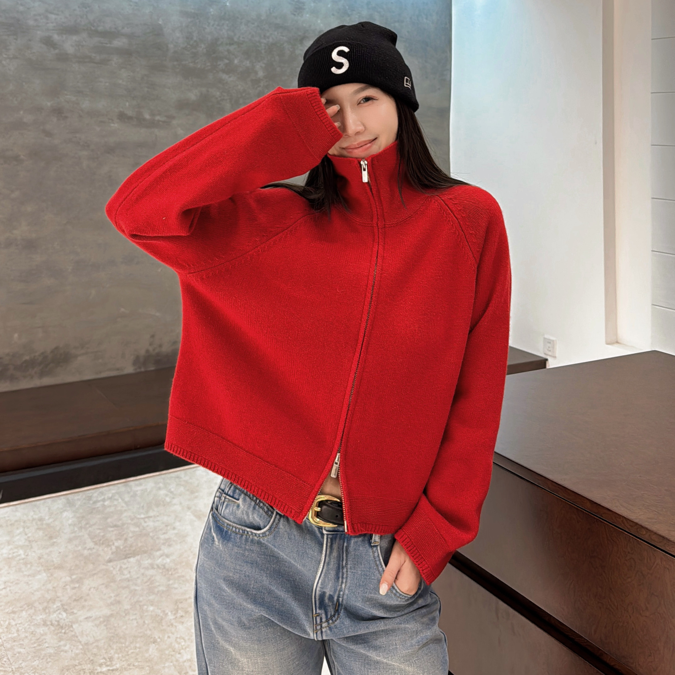 欧洲站2025冬季高领净版双拉链短款时髦插肩袖厚织羊毛针织衫开衫