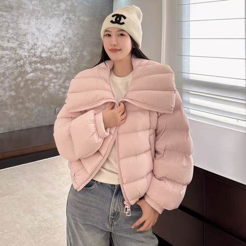 欧洲站2025冬季甜美韩系大翻领短款双拉链保暖蓬松泡芙鹅绒羽绒服