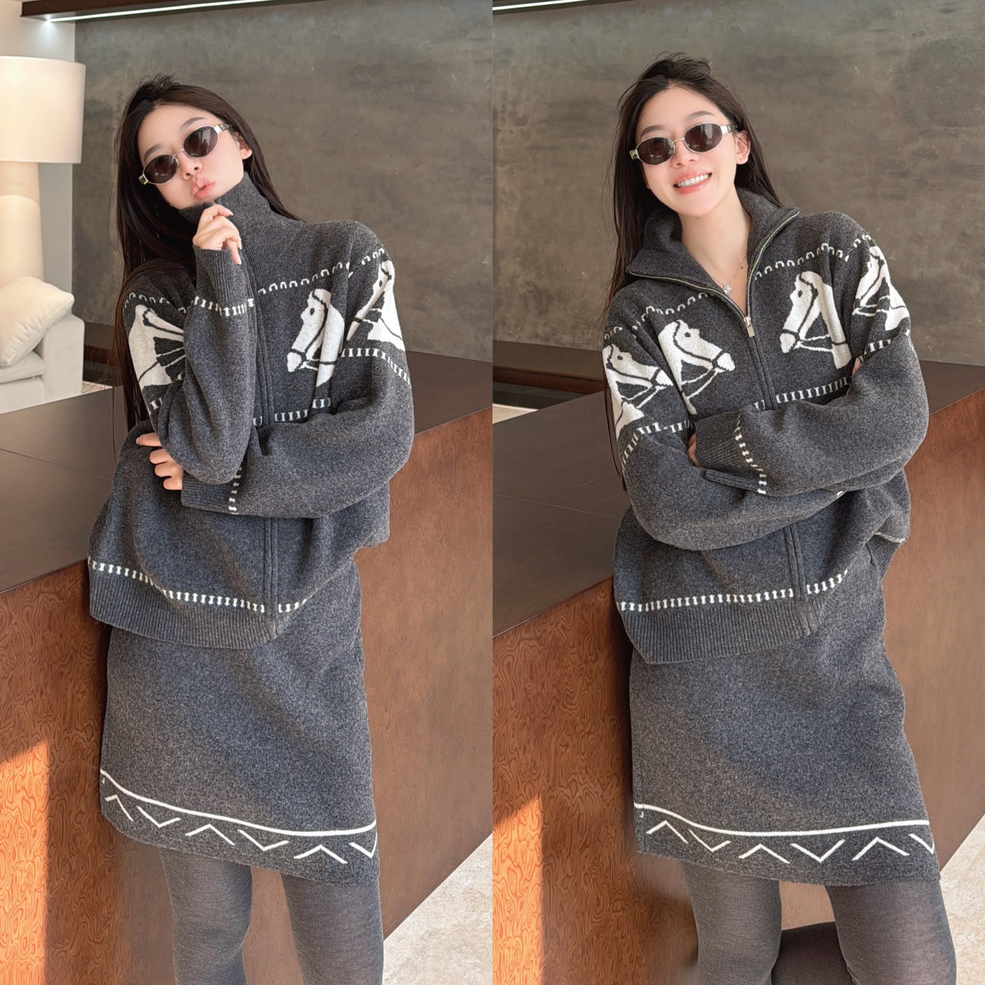 欧洲站2025冬季欧货时尚高领卡通拼色提花拉链开衫+短裙羊毛套装