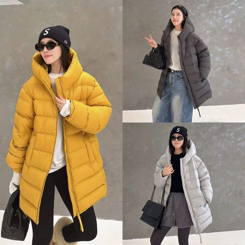 欧洲站2025冬季欧货连帽落肩净版中长款飘带拉链排骨鹅绒 羽绒服