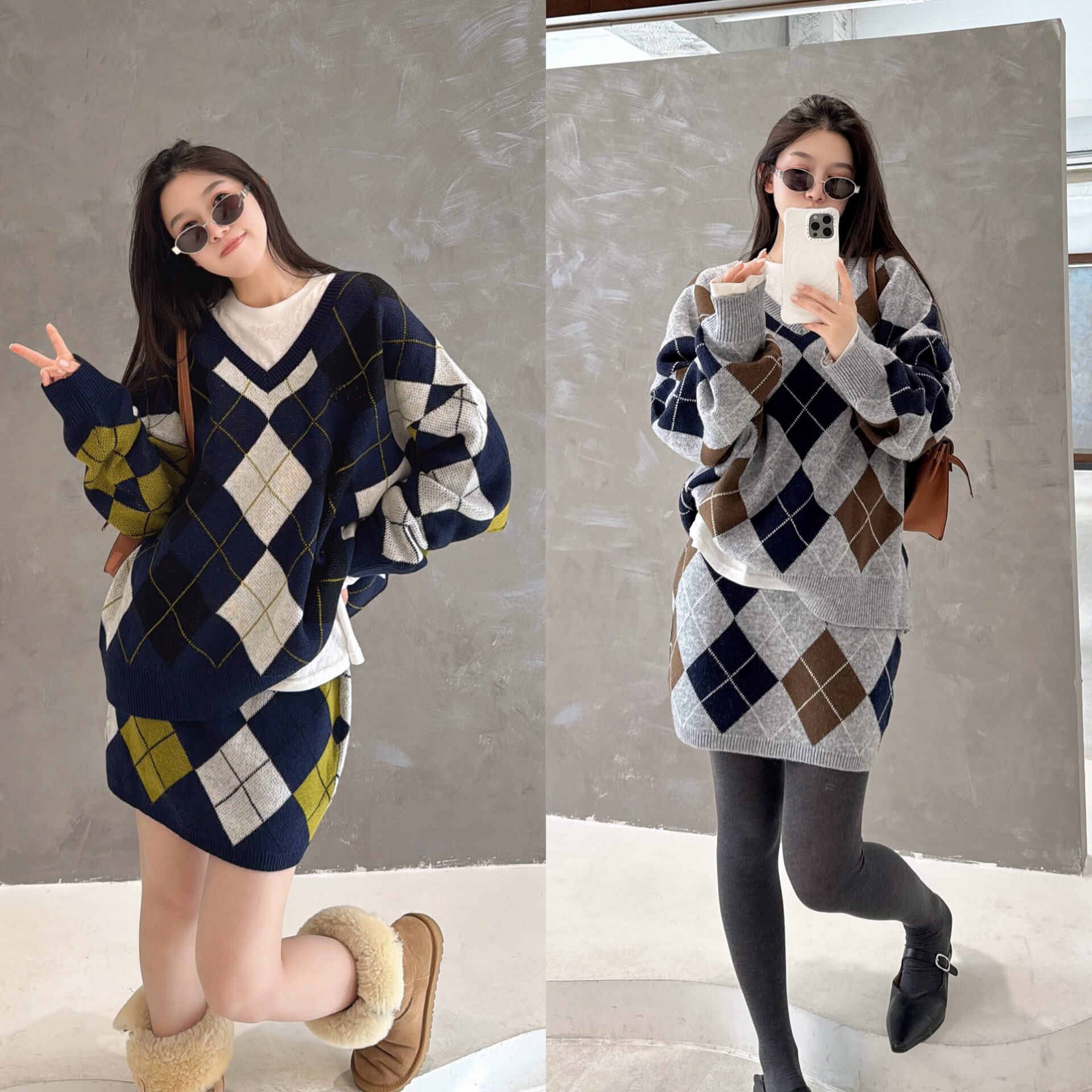 欧洲站2025冬季欧货气质V领落肩慵懒风菱格拼色毛衣短裙羊毛套装