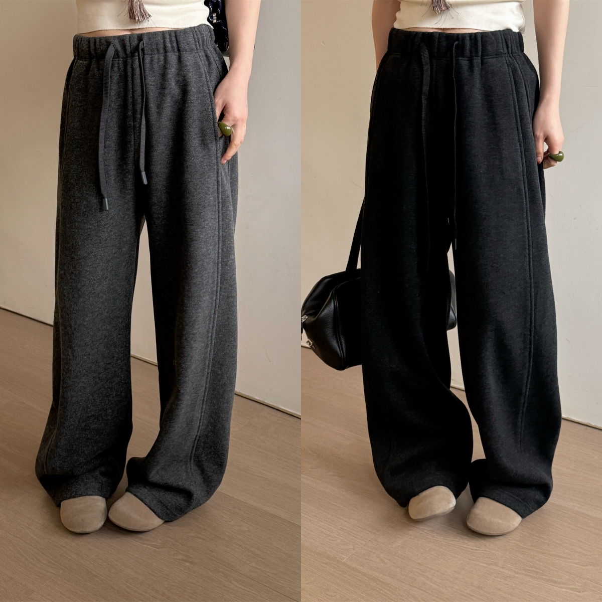 欧洲站2025冬季松紧腰抽绳直筒侧边压线垂感显瘦百搭加绒休闲裤潮