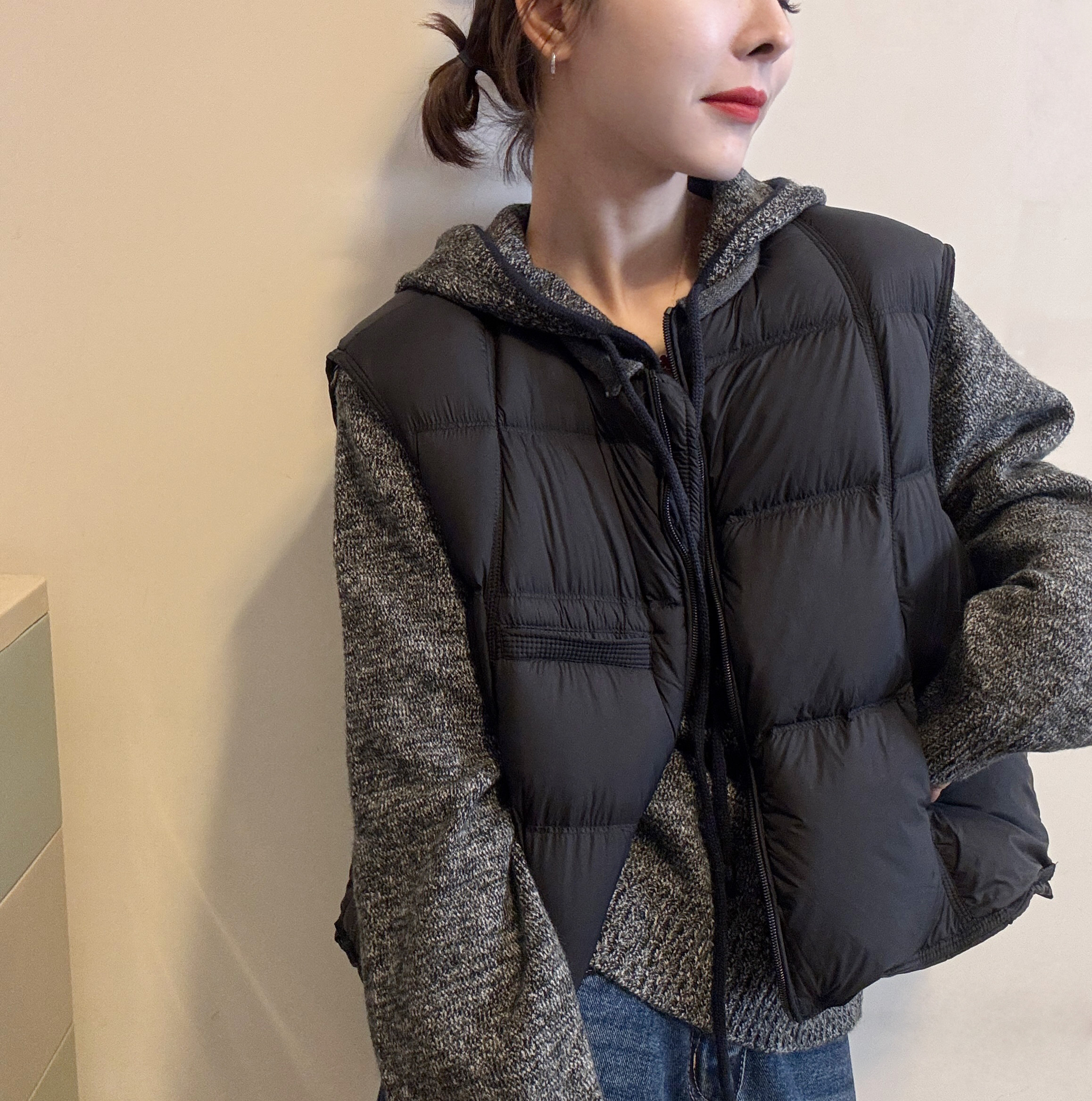 欧洲站2025冬季新款圆领包边拼色A字版方块压格羽绒服马甲外套潮