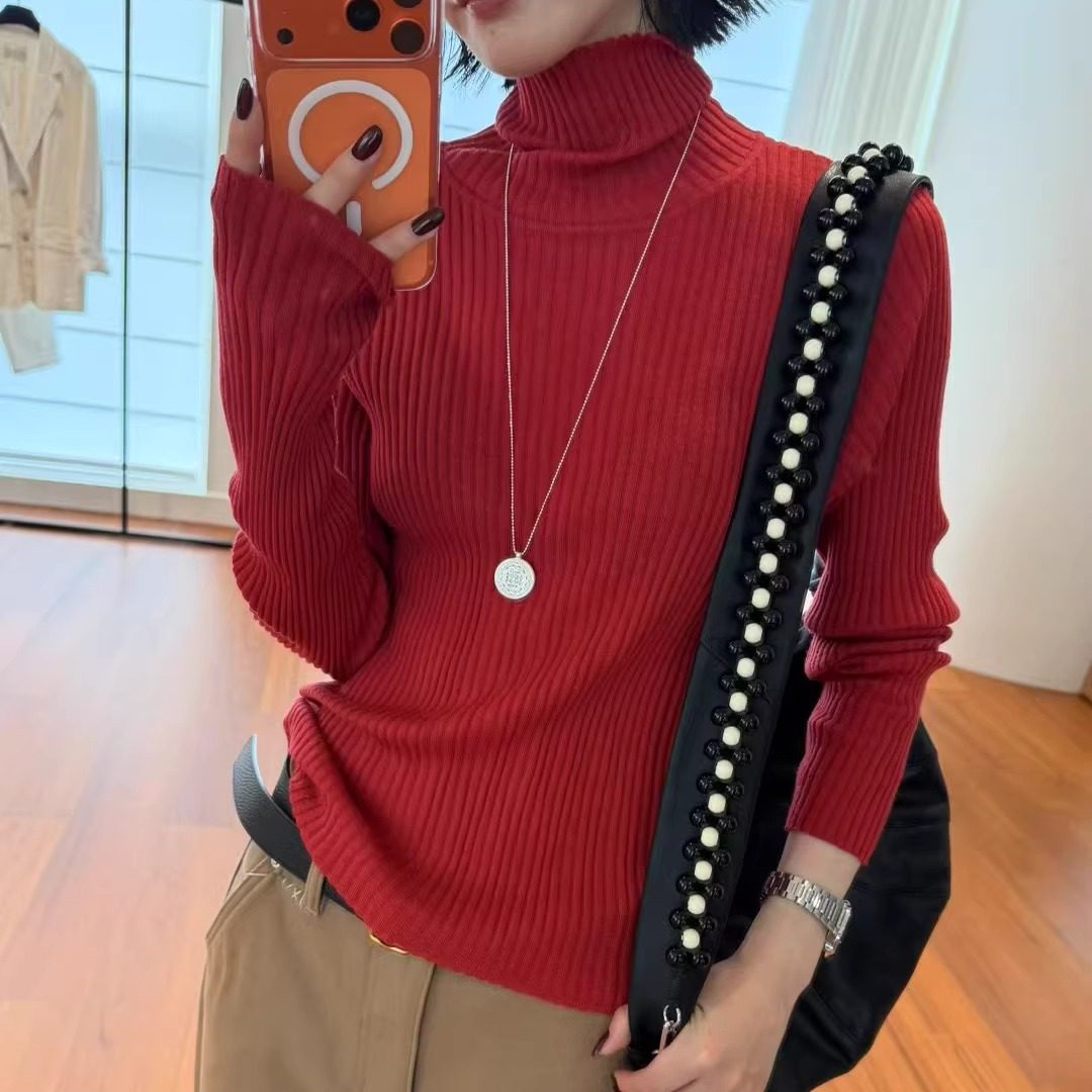 长袖超细绵羊毛堆堆领针织衫女