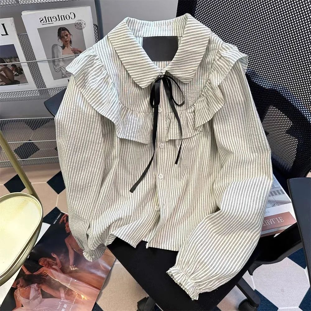 日系学院风条纹衬衫女长袖甜美减衬衫