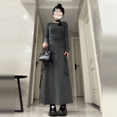 韩系chic别致套装高级松弛感不规则灰色针织上衣半身裙两件套秋冬