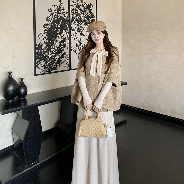 ~大码女装秋冬千金氛围感复古小香风斗篷外套内搭长袖连衣裙