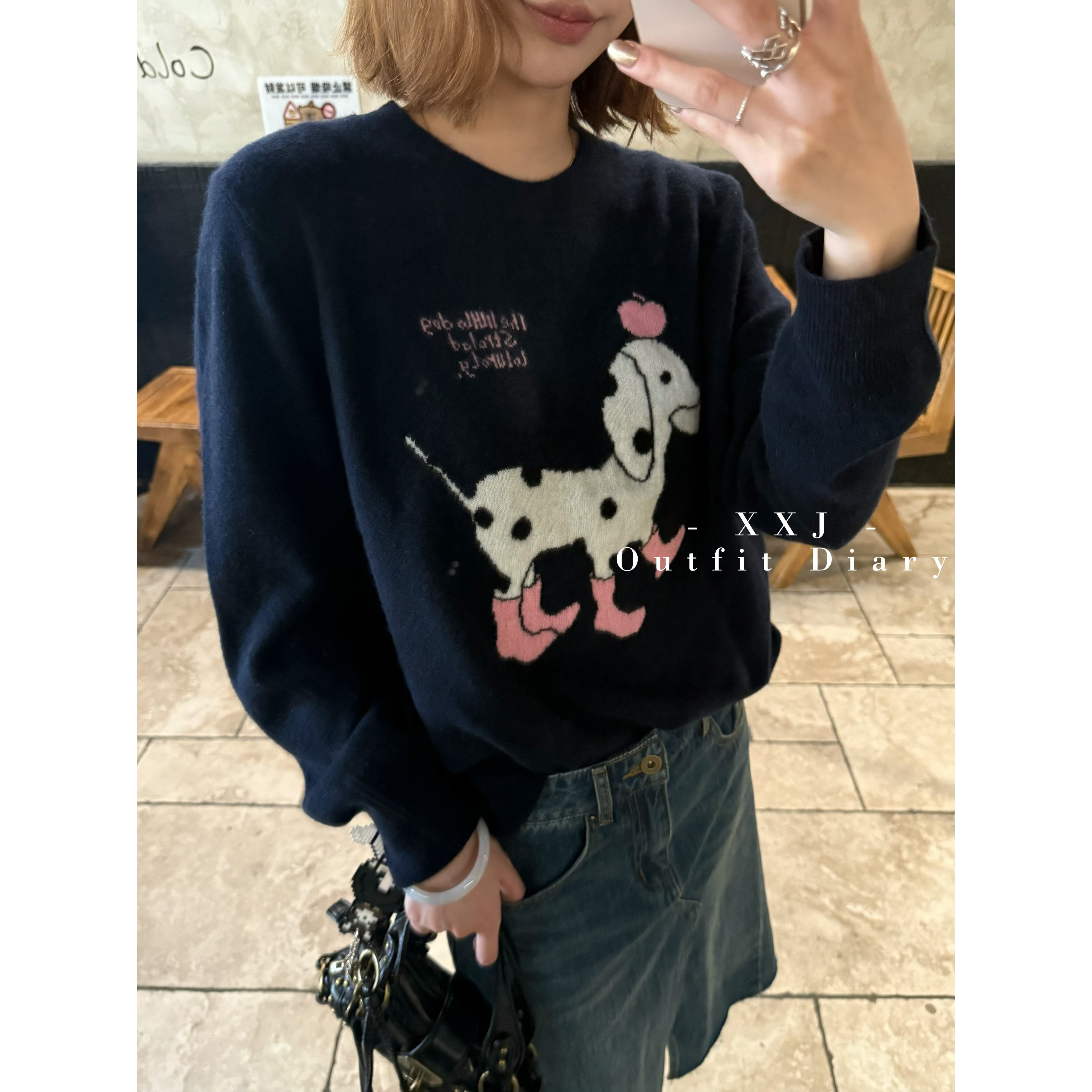 可爱风卡通小狗图案圆领毛衣女宽松百搭羊绒针织衫上衣