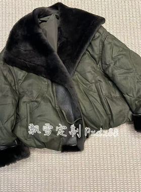 欧货正品2025新款军绿色皮毛一体翻领派克服女短款鹅绒外套