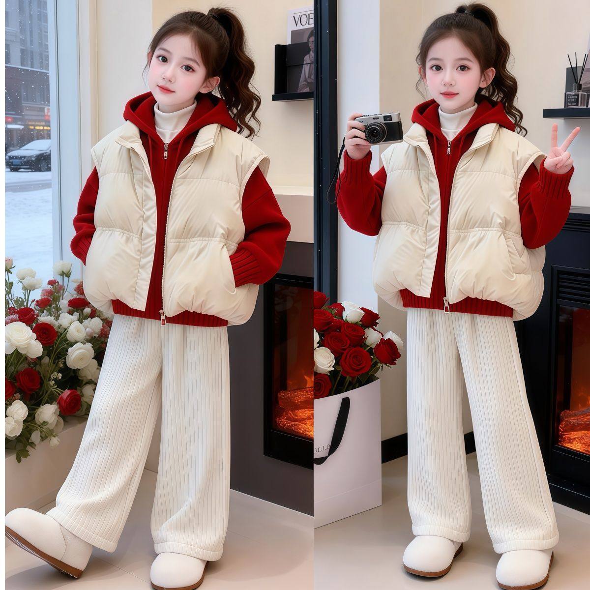 ABC2025女童加绒加厚三件套装冬装中大童韩版马甲红毛衣阔腿裤小,童装/婴儿装/亲子装,儿童运动套装,淘宝优惠券,粉丝福利购,淘宝优惠卷
