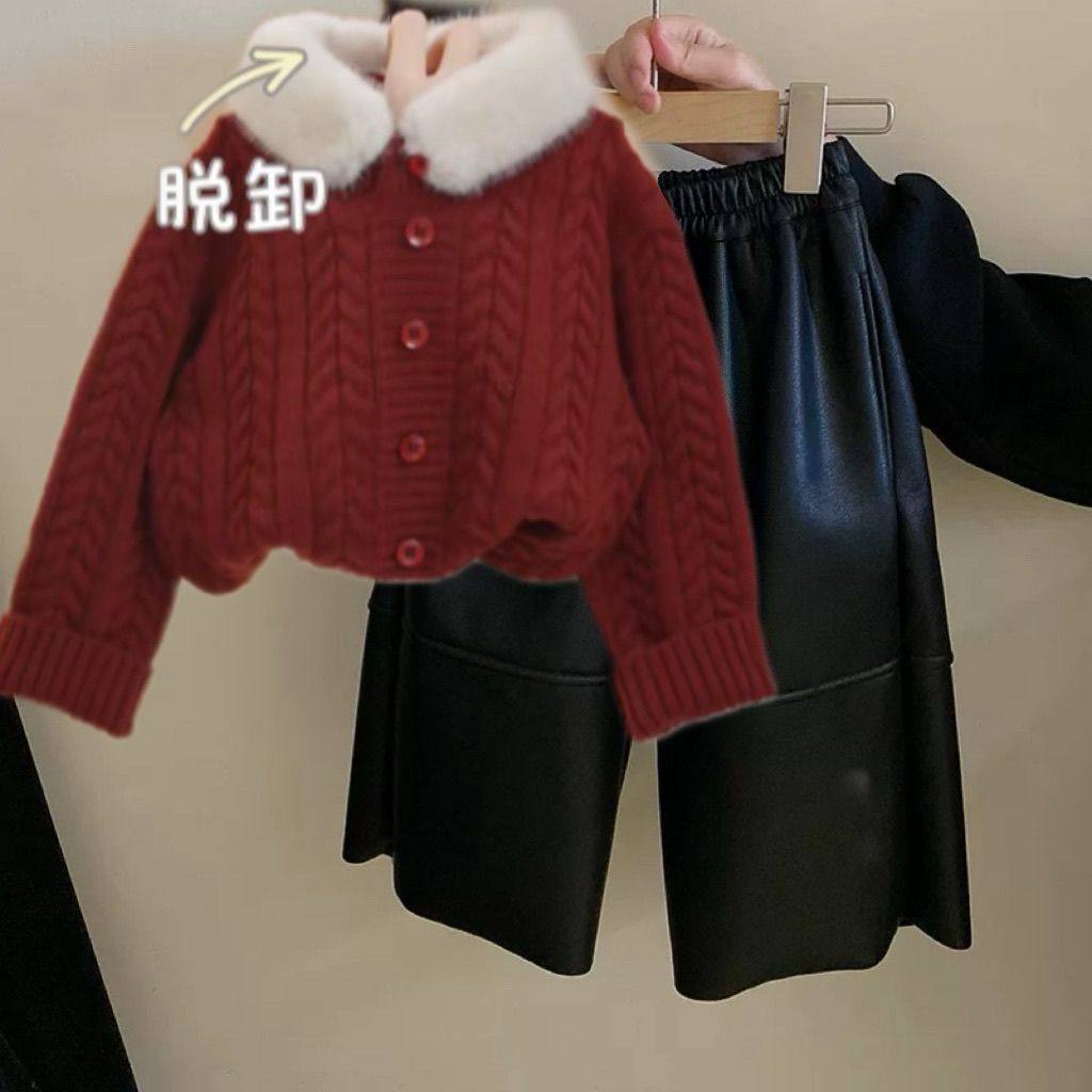 ABC女童毛衣红色过年喜庆拜年服一体绒防风皮裤两件套儿童秋冬套,童装/婴儿装/亲子装,儿童运动套装,淘宝优惠券,粉丝福利购,淘宝优惠卷