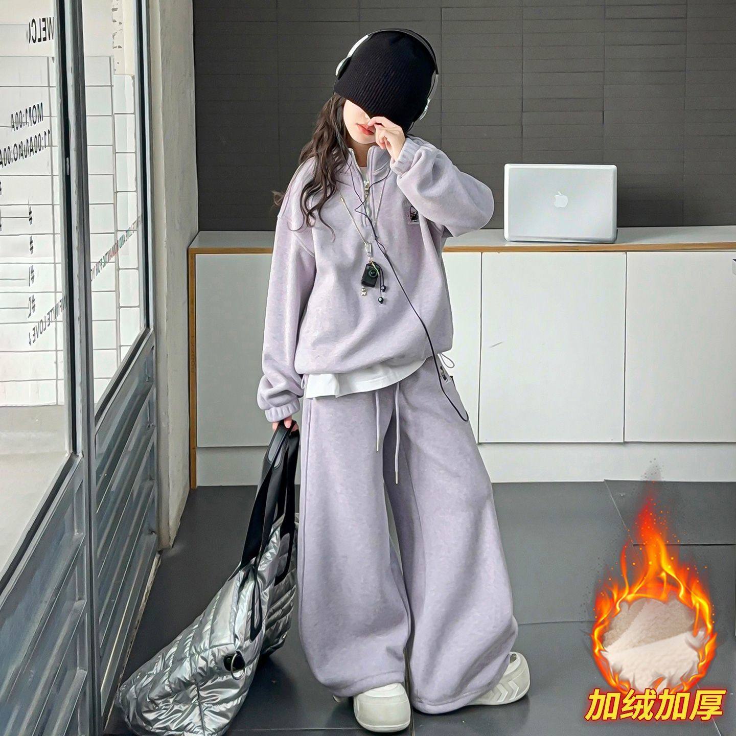 ABC秋冬季休闲韩版慵懒风半拉链卫衣女童加绒阔腿裤运动两件套装,童装/婴儿装/亲子装,儿童运动套装,淘宝优惠券,粉丝福利购,淘宝优惠卷