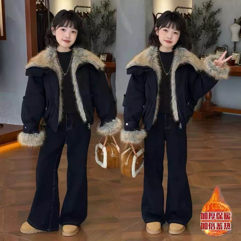 ABC女童毛毛大翻领夹棉棉服2025冬季中大童保暖厚外套儿童牛仔裤,童装/婴儿装/亲子装,儿童运动套装,淘宝优惠券,粉丝福利购,淘宝优惠卷