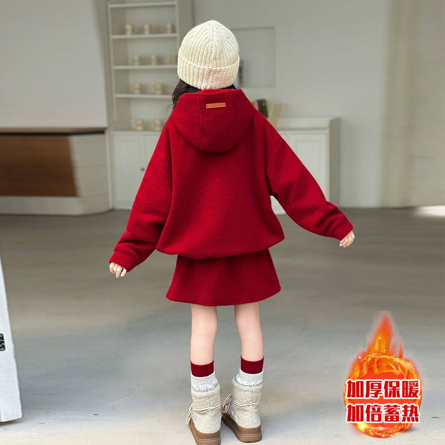 ABC女童毛呢套装冬季2025新款洋气儿童加绒加厚红色半身裙年服两,童装/婴儿装/亲子装,儿童运动套装,淘宝优惠券,粉丝福利购,淘宝优惠卷