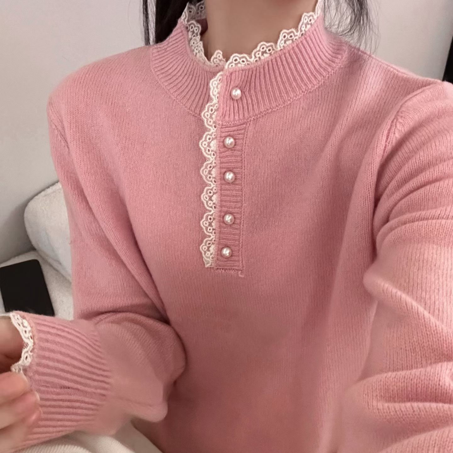 拼接花边蕾丝领针织打底衫女2025新款内搭洋气女装秋冬季羊毛毛衣