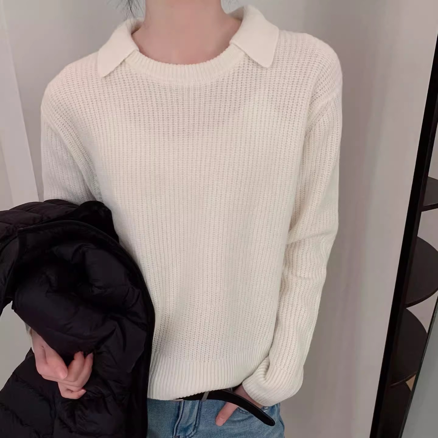 2025欧洲站冬季新款欧货女装极简风翻领坑条长袖百搭显瘦羊毛毛衣