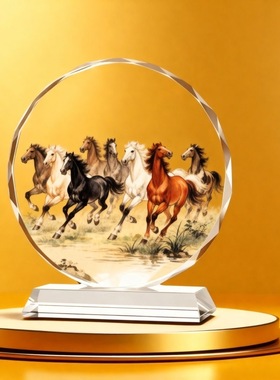 高档水晶玻璃摆件3D马到成功万马奔腾八马雄风家居摆件新款荷花鱼