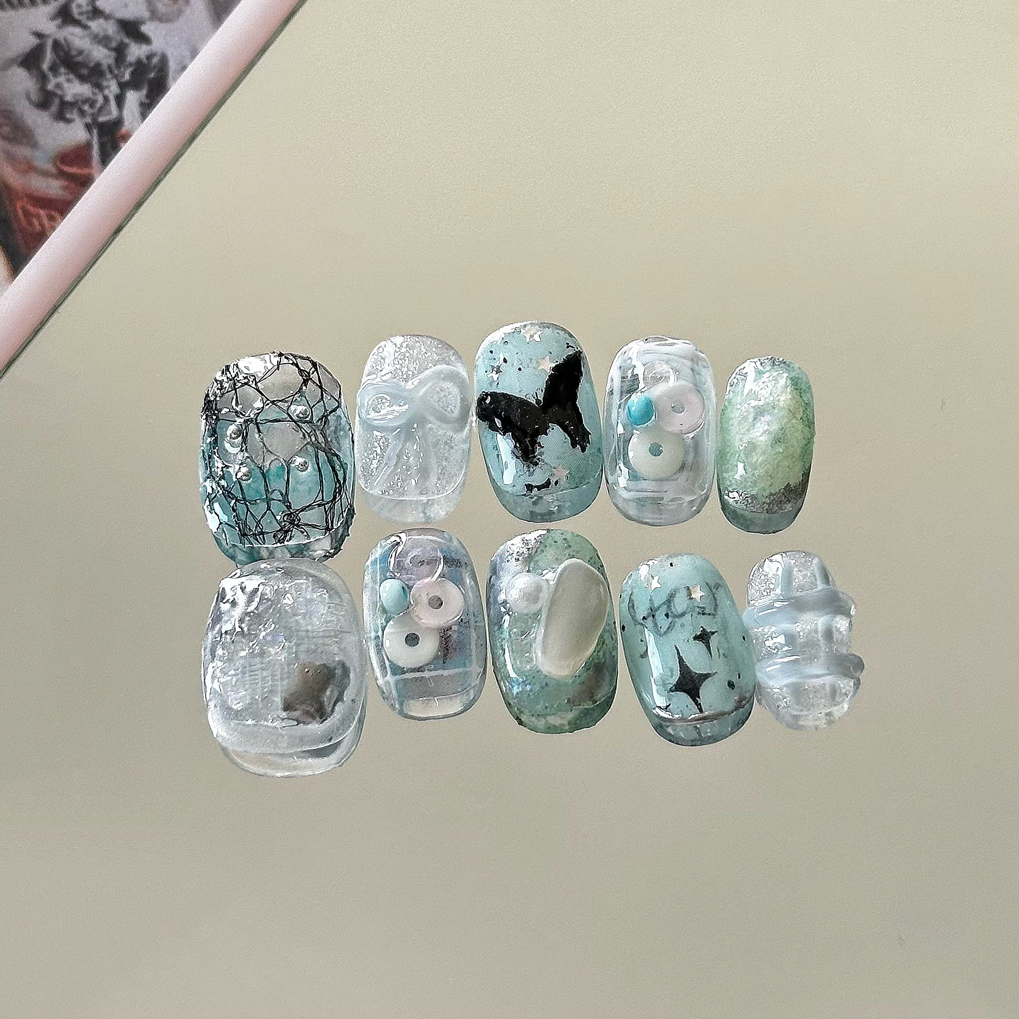 YJ纯手工穿戴甲ins风可爱短甲夏季蓝色美甲片高级假指甲韩式贴片