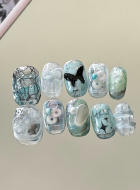 YJ纯手工穿戴甲ins风可爱短甲夏季蓝色美甲片高级假指甲韩式贴片