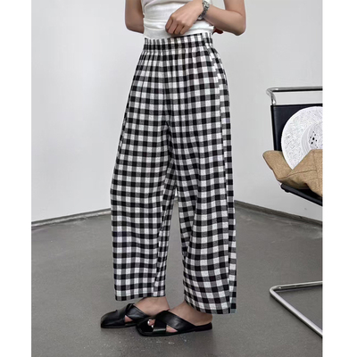 简谜夏季棉麻九分黑白格子休闲
