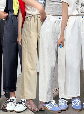 秋季新款九分休闲直筒裤女松紧腰透气薄料宽松哈伦裤JM简谜AW2571