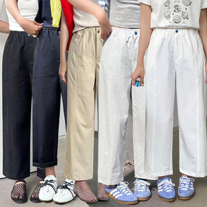 春夏新款九分休闲直筒裤女松紧腰透气薄料宽松哈伦裤JM简谜AW2571