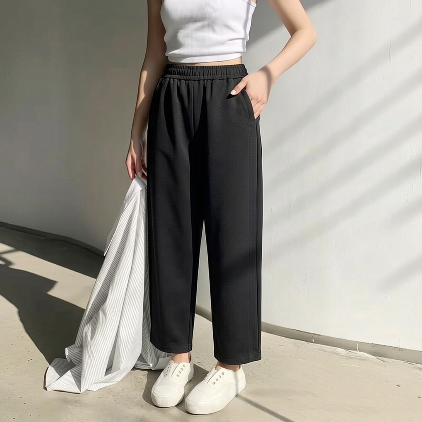 桐桐佳~春夏薄料弹力显瘦小直筒哈伦裤女高腰黑色休闲萝卜裤86066