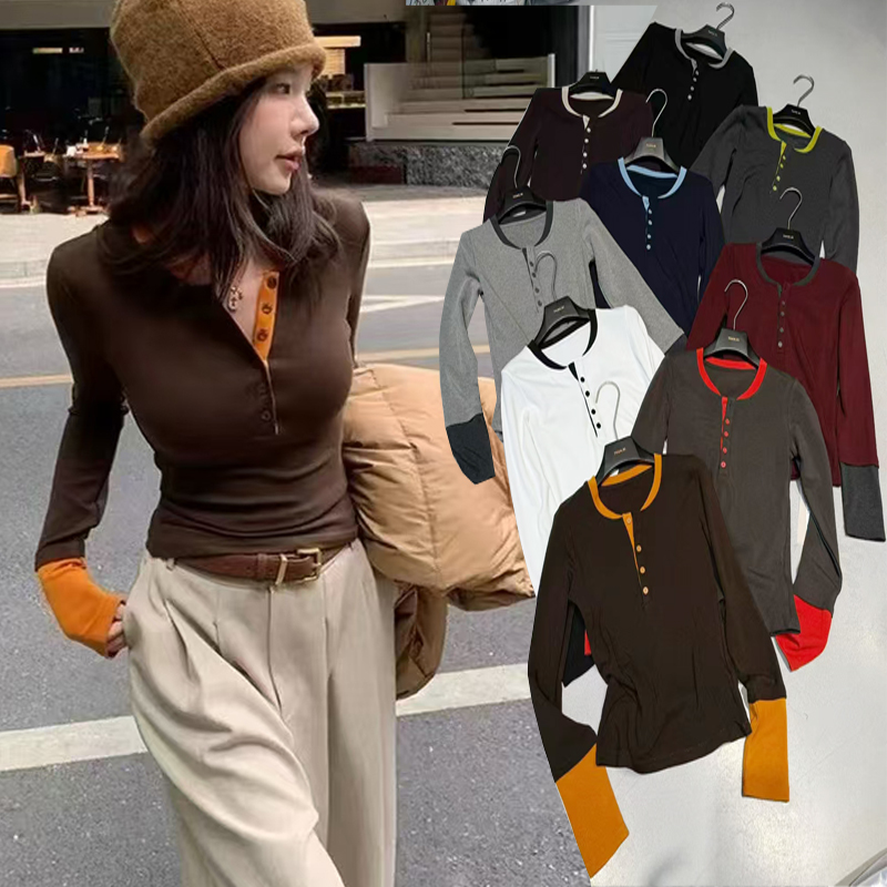 撞色拼接长袖衫女修身显瘦