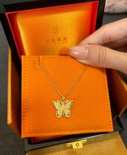 老铺黄金足金镶钻蝴蝶项链 古法手工黄金花丝钻锁骨链(满钻款)