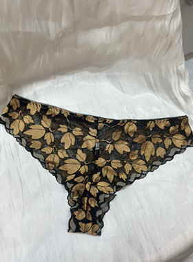 欧美新款性感蕾丝边无痕内裤三角裤女纯棉裤裆大码窄版T裤金色