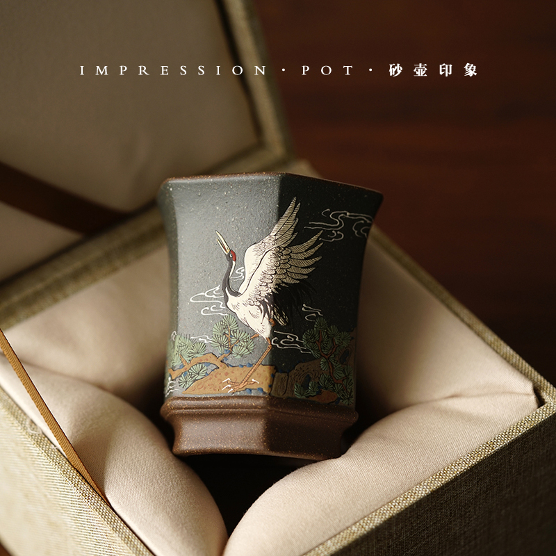 砂壶印象 宜兴紫砂 六方主人杯仙鹤/孔雀随喜木盒底槽青粉浆100cc