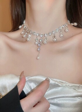 锆石水滴珍珠流苏项链夸张华丽