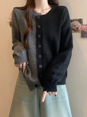 胖mm特大码300斤韩版简约拼色圆领针织开衫女秋季宽松显瘦上衣潮