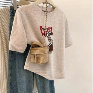 针织衫 300斤套头短袖 毛衣女春夏胖mm宽松圆领t恤内搭上衣 特大码