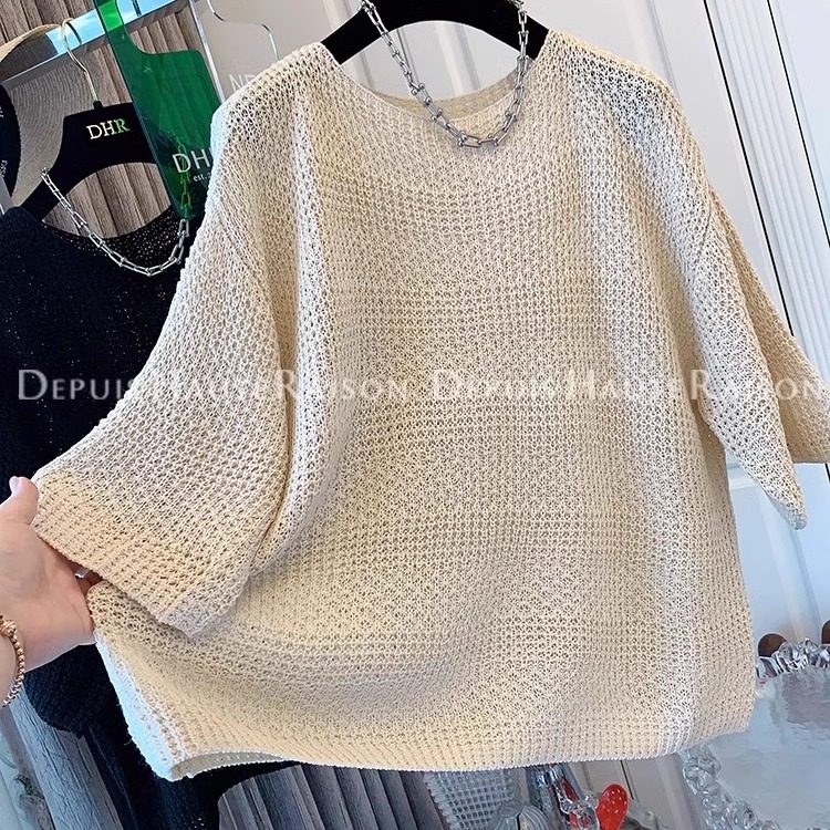 特大码300斤超好看法式钩花针织衫五分袖T恤胖mm宽松蝙蝠袖上衣秋